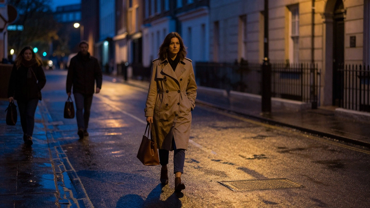A woman walks alone at night in Camden, trench coat and tote bag, shadow stretching long under a flickering streetlamp.