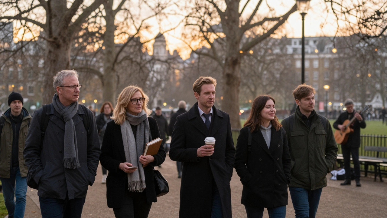 Diverse individuals walk peacefully through a misty London park at dusk, each absorbed in quiet moments of connection.