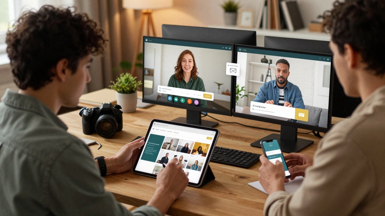 Freelancers working remotely with tablets and laptops, connected by digital payment and communication icons.