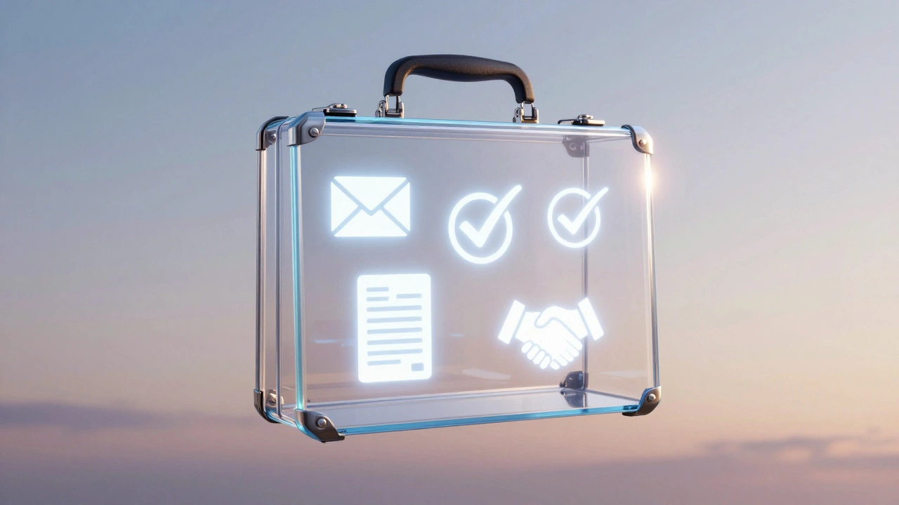 Transparent briefcase containing glowing icons representing professional trust: email, payment, tax, and handshake.