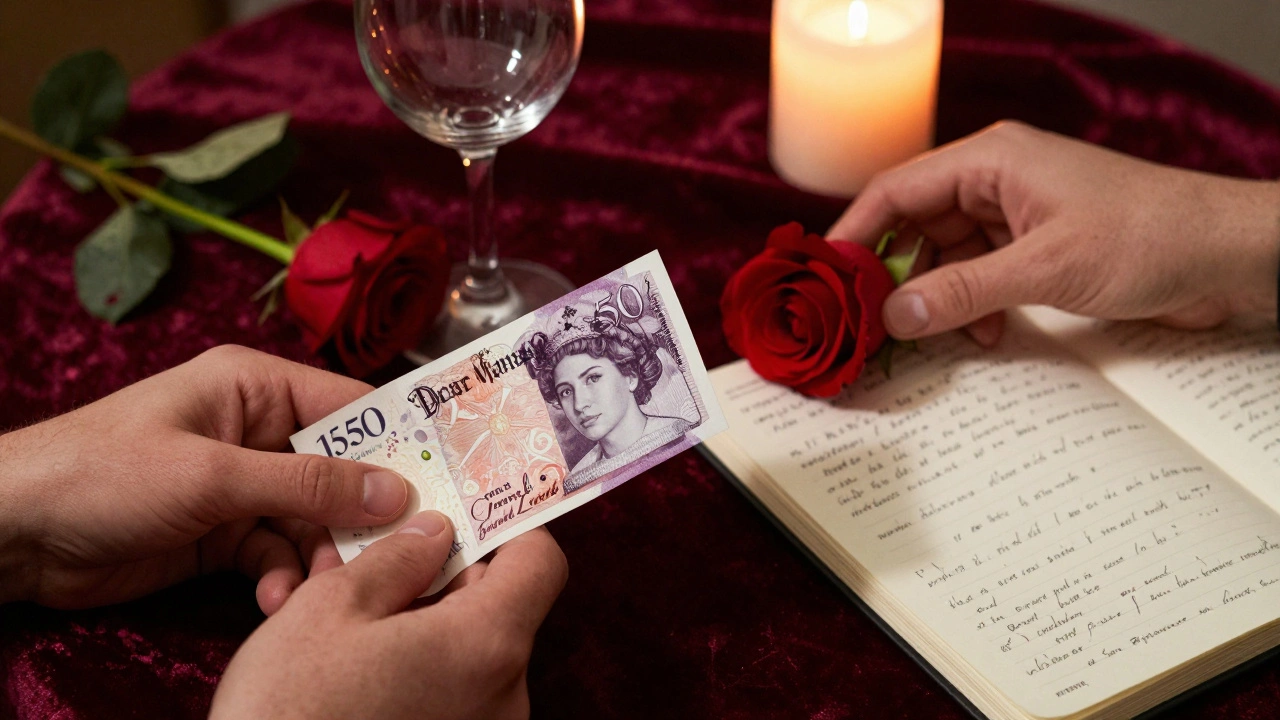 Two hands: one offering cash, the other placing a rose on velvet beside wine and notes on art history, candlelight glowing softly.